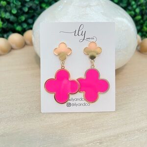 New Hot Pink and Gold Clover Drop Dangle Earrings Lightweight | Coastal Grandma